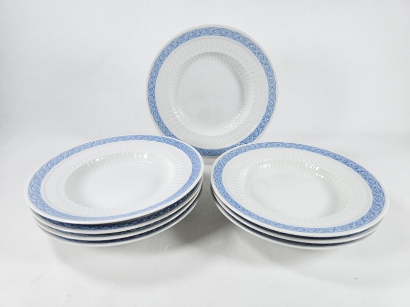 Arnold Krogh, 8 djupa mattallrikar "Blå vifte" Royal Copenhagen