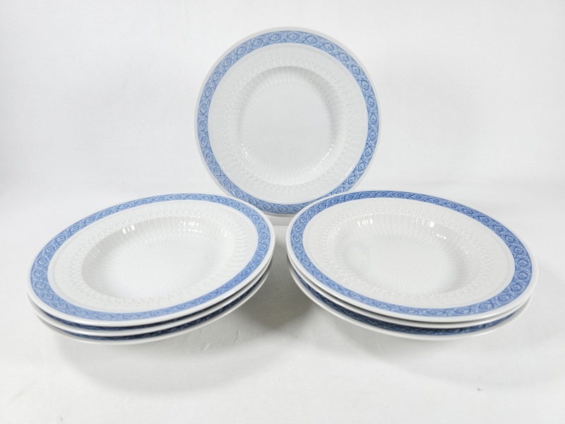 Arnold Krogh, 7 djupa mattallrikar "Blå vifte" Royal Copenhegen